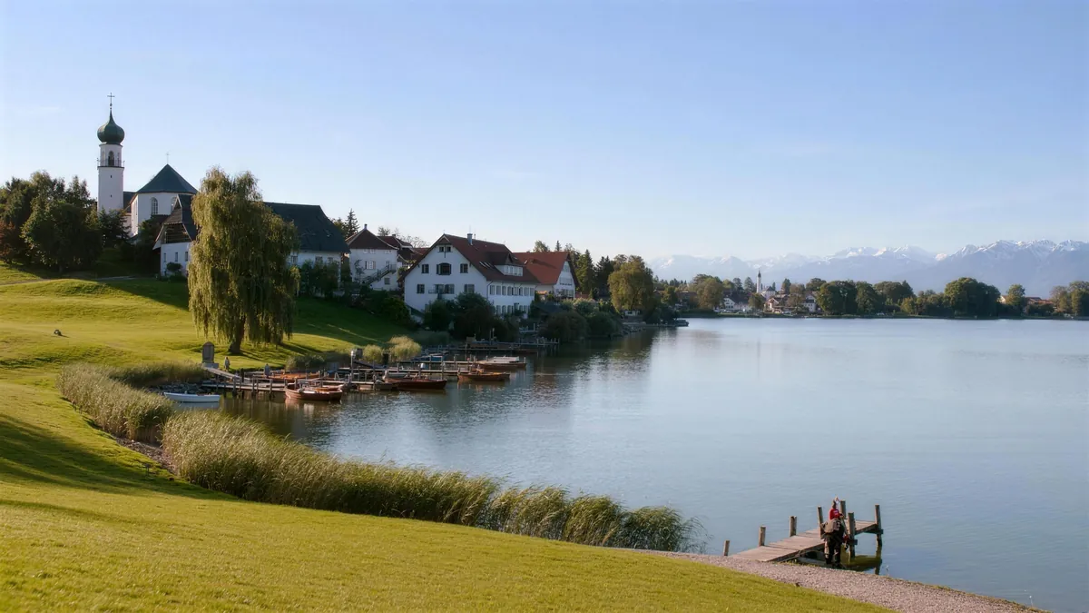 Uferort am Ammersee mit Kirchturm und Alpenpanorama